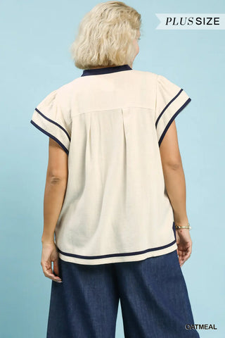 Curvy Oatmeal Linen Ruffle Sleeve Top