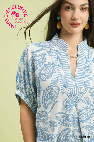 Lt. Blue Botanical Print Mixed Trim Oversized Tunic Top FINAL SALE