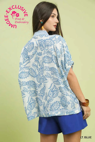 Lt. Blue Botanical Print Mixed Trim Oversized Tunic Top FINAL SALE