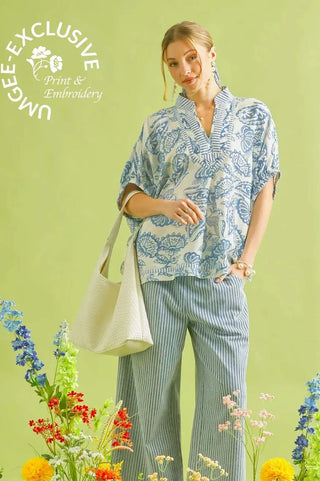 Lt. Blue Botanical Print Mixed Trim Oversized Tunic Top FINAL SALE