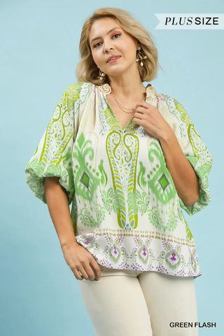 Curvy Green Flash Boho Border Print Top FINAL SALE