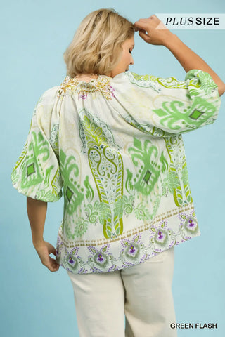 Curvy Green Flash Boho Border Print Top FINAL SALE