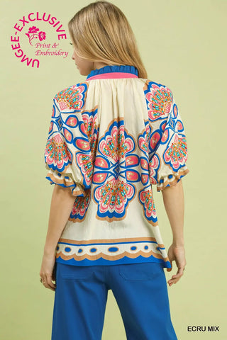 Ecru Mix Boho Print V-Neck Top FINAL SALE
