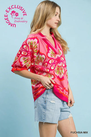 Fuchsia Mix Boho Print V-Neck Top FINAL SALE