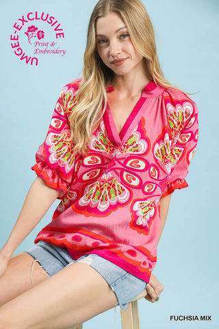 Fuchsia Mix Boho Print V-Neck Top FINAL SALE