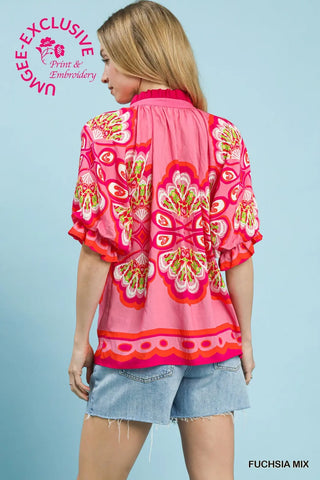 Fuchsia Mix Boho Print V-Neck Top FINAL SALE