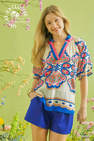 Ecru Mix Boho Print V-Neck Top FINAL SALE