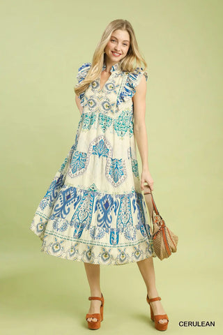 Cerulean Boho Border Print Ruffle Midi Dress Final Sale