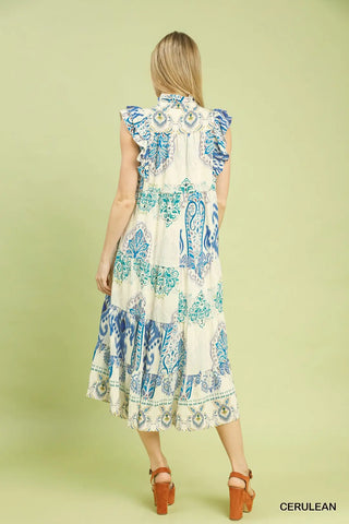 Cerulean Boho Border Print Ruffle Midi Dress Final Sale