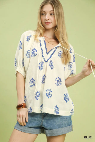 Blue Floral Print Gauze Top Final Sale