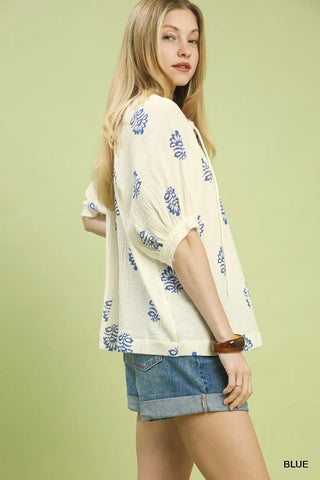 Blue Floral Print Gauze Top Final Sale
