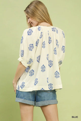 Blue Floral Print Gauze Top Final Sale