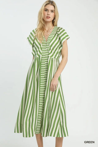 Green Striped Button-Front Midi Dress FINAL SALE