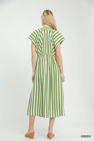Green Striped Button-Front Midi Dress FINAL SALE