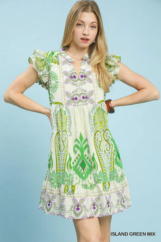 Island Green Mix Ruffle Sleeve Boho Print Dress FINAL SALE