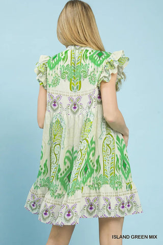 Island Green Mix Ruffle Sleeve Boho Print Dress FINAL SALE