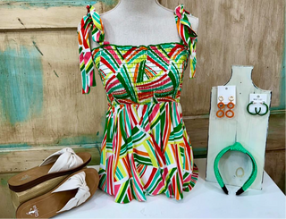GEOMETRIC SMOCKING TUBE BOW STRAP SLEEVELESS TOP Final Sale