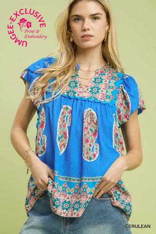 Cerulean Smocked Print Flutter Sleeve Top Final Sale