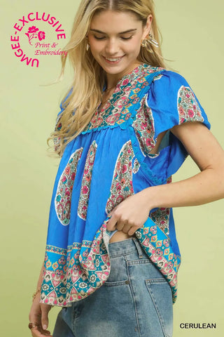 Cerulean Smocked Print Flutter Sleeve Top Final Sale