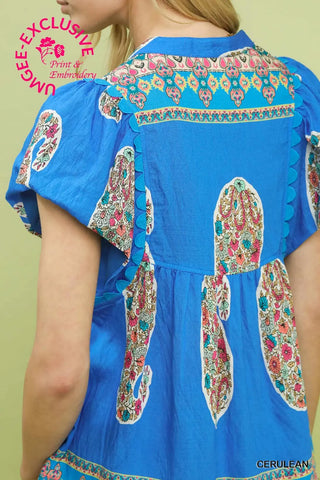 Cerulean Smocked Print Flutter Sleeve Top Final Sale