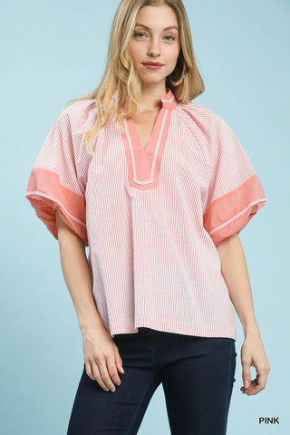 Pink Striped Mixed V-Neck Top FINAL SALE