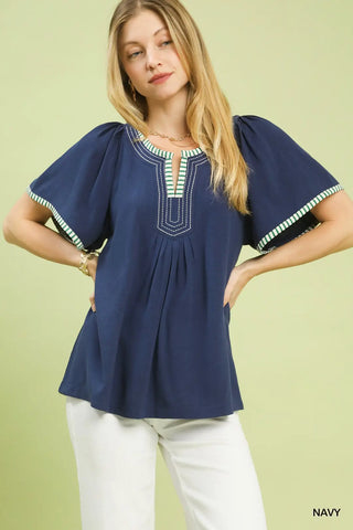 Navy Contrast Trim Flutter Sleeve Babydoll Top Final Sale