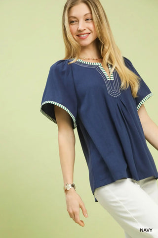 Navy Contrast Trim Flutter Sleeve Babydoll Top Final Sale