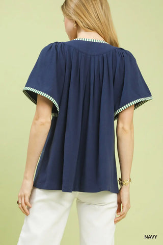 Navy Contrast Trim Flutter Sleeve Babydoll Top Final Sale
