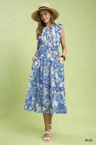 Blue Toile Print Midi Dress Final Sale