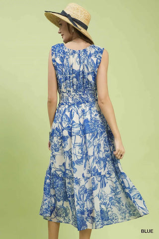 Blue Toile Print Midi Dress Final Sale
