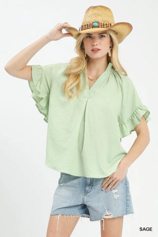 Sage Textured Ruffle Sleeve Top FINAL SALE