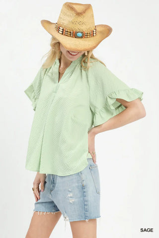Sage Textured Ruffle Sleeve Top FINAL SALE