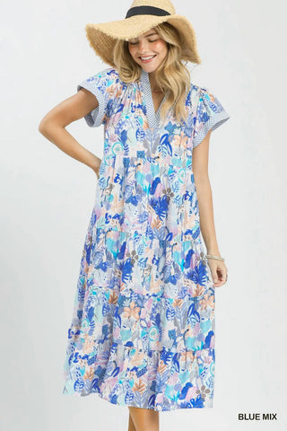 Blue Mix Tropical Print Tiered Midi Dress w/ Pockets FINAL SALE