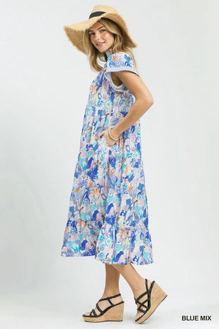 Blue Mix Tropical Print Tiered Midi Dress w/ Pockets FINAL SALE