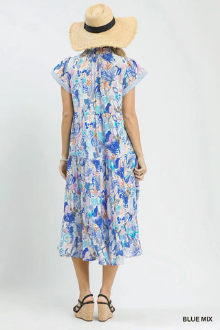 Blue Mix Tropical Print Tiered Midi Dress w/ Pockets FINAL SALE