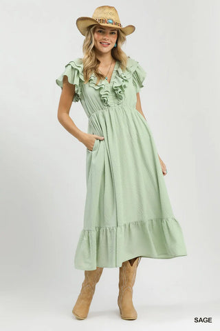 Sage Textured Ruffle Midi Dress w/ Pockets FINAL SALE
