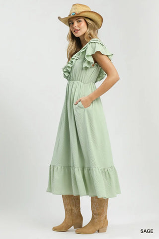 Sage Textured Ruffle Midi Dress w/ Pockets FINAL SALE