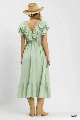 Sage Textured Ruffle Midi Dress w/ Pockets FINAL SALE