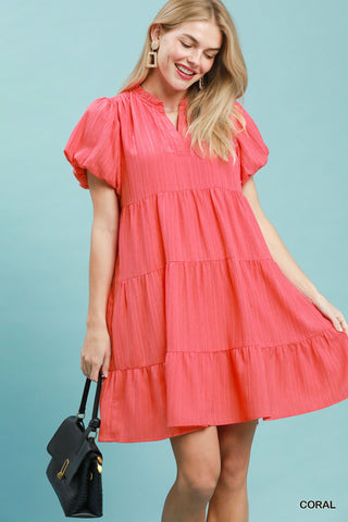 Umgee Coral Puff Sleeve Tiered Babydoll Dress w/ Pockets FINAL SALE