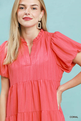 Umgee Coral Puff Sleeve Tiered Babydoll Dress w/ Pockets FINAL SALE