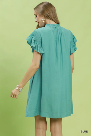 Mint Blue Ruffle Flutter Sleeve Dress