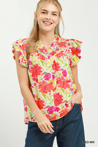 Umgee Smocked Yoke Ruffle Sleeve Floral Blouse FINAL SALE