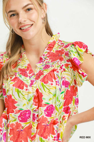 Umgee Smocked Yoke Ruffle Sleeve Floral Blouse FINAL SALE