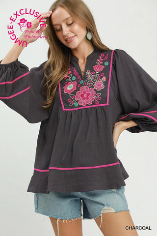 Floral Embroidered Split Neck Babydoll Blouse