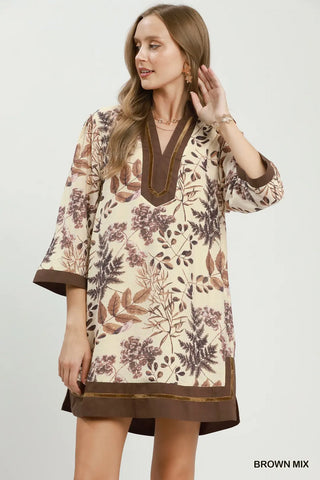 Brown Mix Botanical Print Contrast Trim Shift Dress w/ Pockets