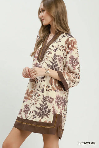 Brown Mix Botanical Print Contrast Trim Shift Dress w/ Pockets