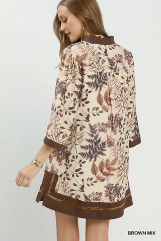 Brown Mix Botanical Print Contrast Trim Shift Dress w/ Pockets