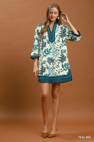 Teal Mix Botanical Print Contrast Trim Shift Dress w/ Pockets