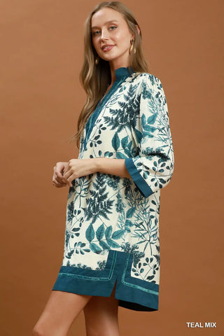 Teal Mix Botanical Print Contrast Trim Shift Dress w/ Pockets