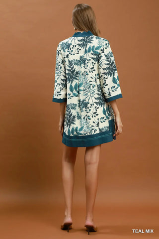 Teal Mix Botanical Print Contrast Trim Shift Dress w/ Pockets